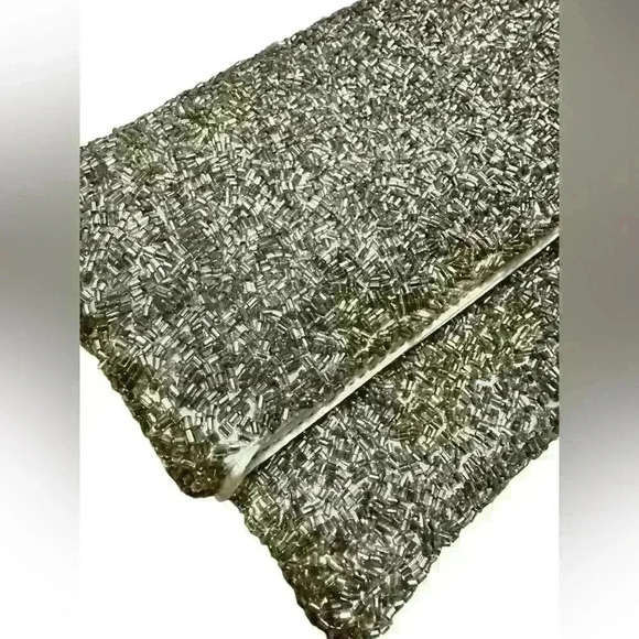 BANANA REPUBLIC grey silver Beaded Satin Fold-Over Clutch Bag - Picture 2 of 12